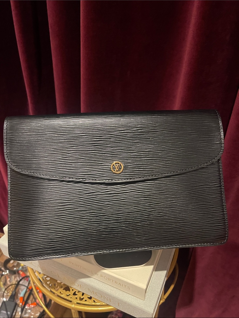 Louis Vuitton Black Epi Leather Envelope Clutch with Gold Logo